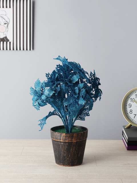 

FOLIYAJ Unisex Blue & Brown Spray Painted Artificial Holly Leaves Plant with Pot
