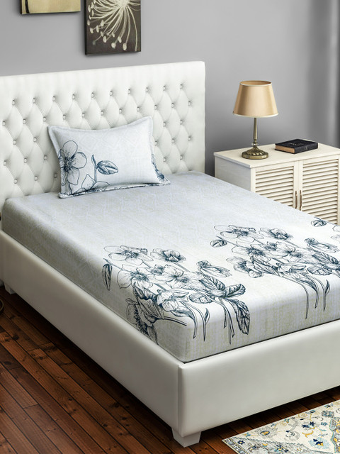 

SWAYAM Off-White & Blue Solid 250 TC Cotton 1 Single Bedsheet with 1 Pillow Covers