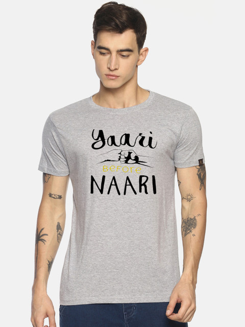 

Le Bison Men Grey Printed Round Neck T-shirt