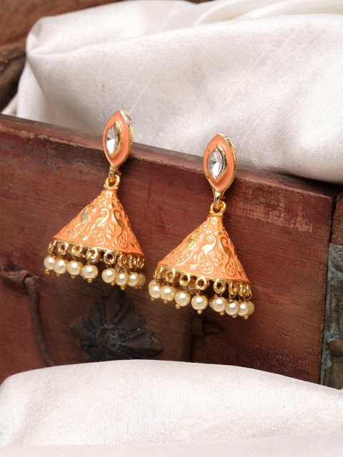 

Infuzze Peach-Coloured & Gold-Toned Meenakari Dome Shaped Jhumkas