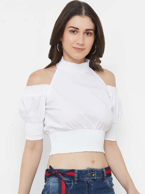 

bebe Women White Solid Blouson Crop Top