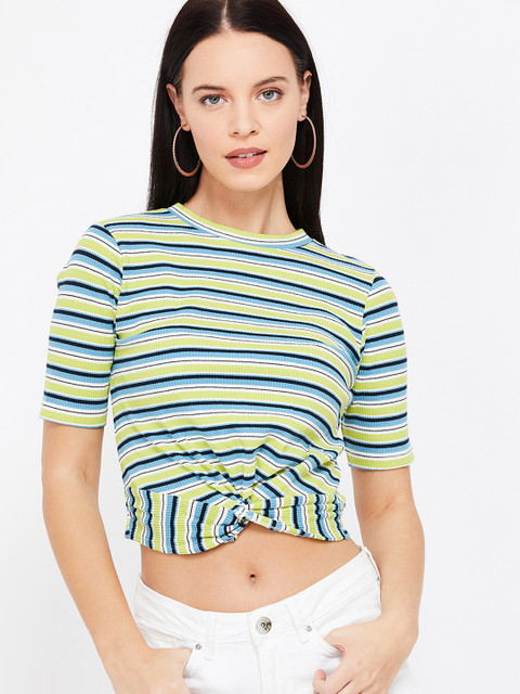 

Ginger by Lifestyle Women Green & Blue Striped Cropped Twisted Top