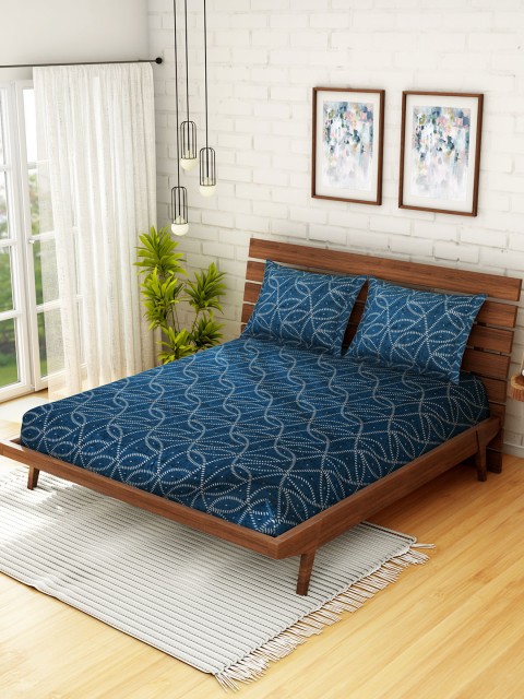 

WELHOME Blue Abstract 160 TC Microfiber 1 Queen Bedsheet with 2 Pillow Covers