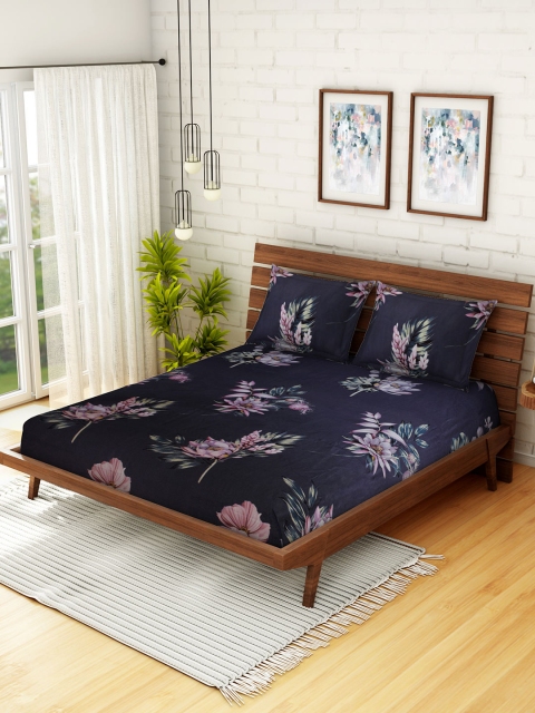 

WELHOME Blue & Pink Floral 160 TC Microfibre 1 Queen Bedsheet with 2 Pillow Covers