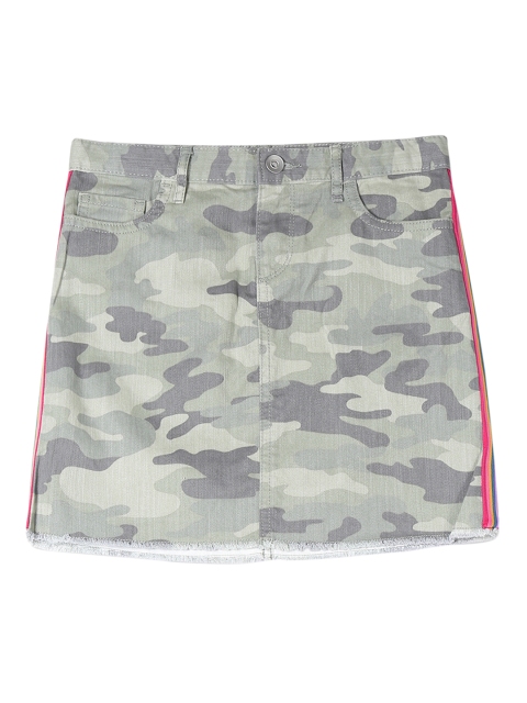

The Childrens Place Girls Green Camouflage Printed Straight Side Stripe Denim Skirt