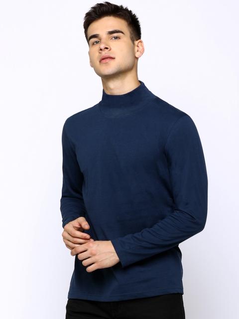 

Maniac Men Navy Blue Solid High Neck Pure Cotton T-shirt
