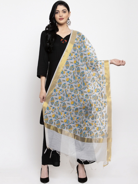 

Clora Creation White & Blue Printed Chanderi Cotton Dupatta