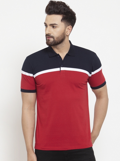 

WILD WEST Men Navy Blue & Red Colourblocked Polo Collar T-shirt