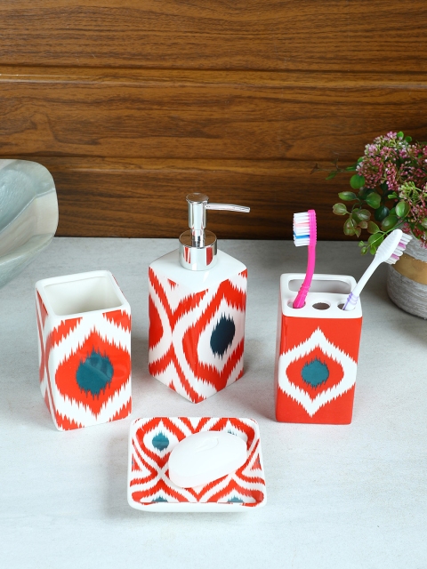 

House Of Accessories Set Of 4 White & Red Printed Ceramic Bathroom Accessories