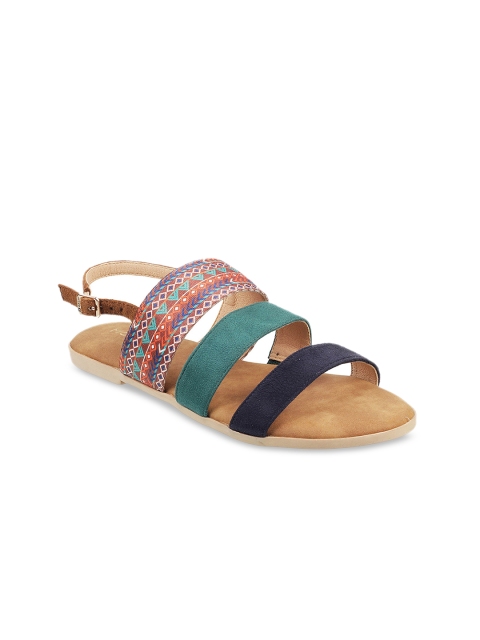 

Mochi Women Green & Navy Blue Printed Open Toe Flats