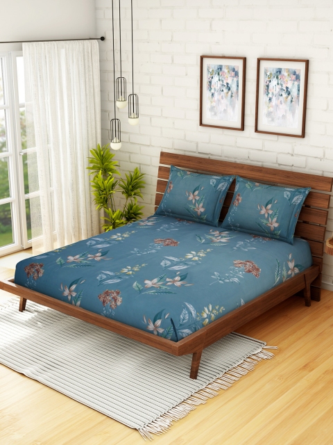 

WELHOME Blue Floral 200 TC Microfiber 1 Queen Bedsheet with 2 Pillow Covers