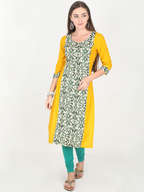 

Rasada Women Yellow & Green Printed Straight Kurta