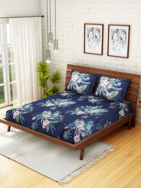 

WELHOME Blue Floral 160 TC Microfiber 1 Queen Bedsheet with 2 Pillow Covers