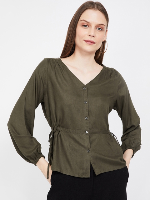 

Fame Forever by Lifestyle Women Olive Green Solid Cinched Waist Top