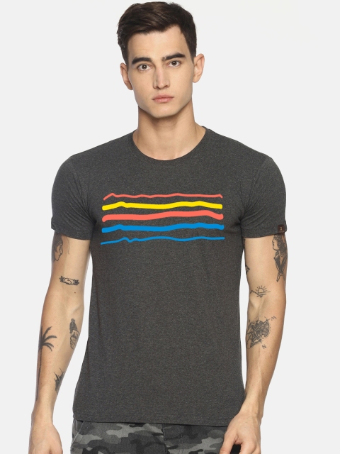 

Le Bison Men Charcoal Grey Striped Round Neck T-shirt