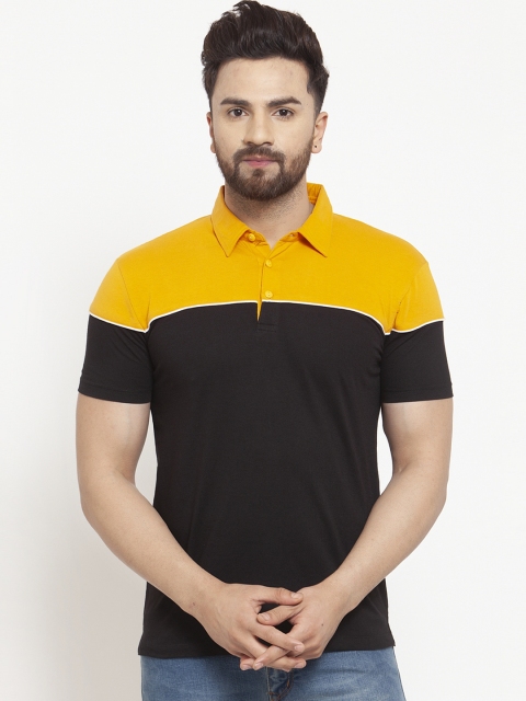 

WILD WEST Men Yellow & Black Colourblocked Polo Collar T-shirt