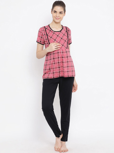 

Kanvin Women Black & Pink Checked Maternity Night Suit
