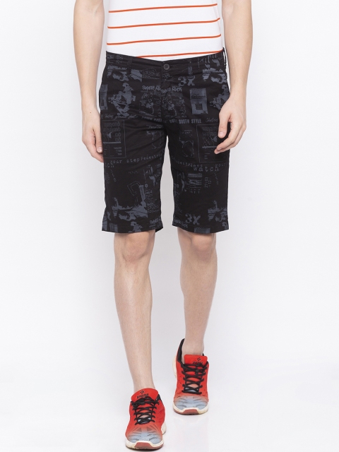 Men Black & Blue Printed Slim Fit Regular Shorts