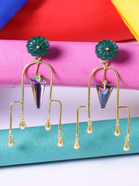 

NITAARA Green & Gold-Plated Contemporary Drop Earrings