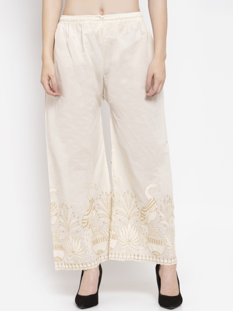 Clora Creation Women Cream-Coloured Embroidered Wide Leg Palazzos