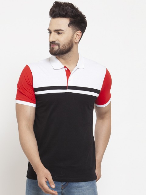 

WILD WEST Men Black & White Colourblocked Polo Collar T-shirt