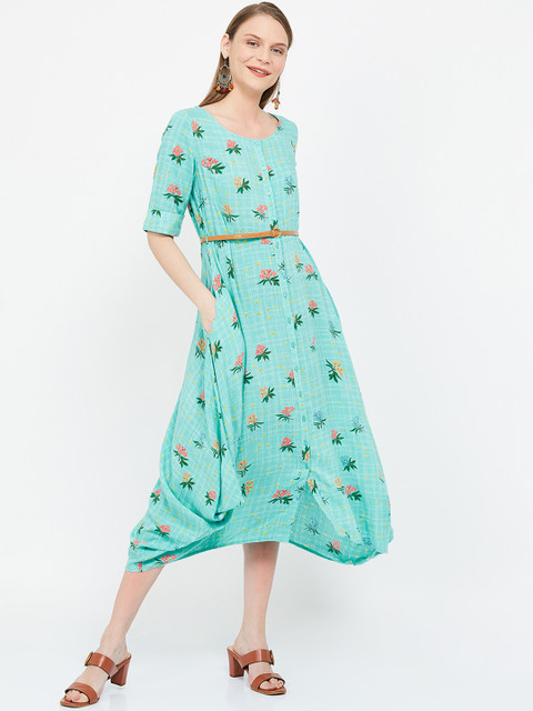 

Colour Me by Melange Women Turquoise Blue Floral Printed A-Line Dress