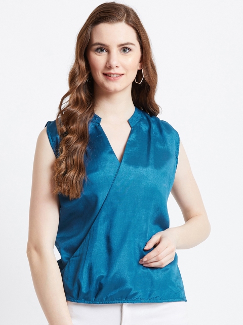 

AkaAyu Women Blue Solid Wrap Top