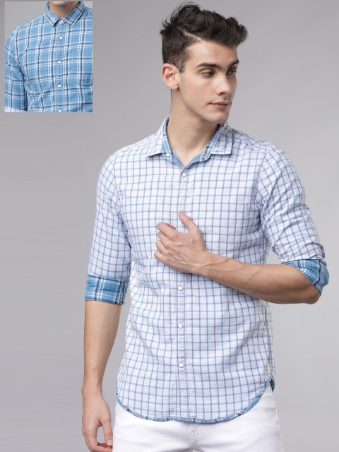 

HIGHLANDER Men White & Blue Slim Fit Checked Reversible Casual Shirt