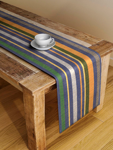 

NEUDIS Orange & Blue Striped Ribbed Hand-Woven Table Runner
