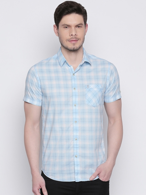 

Mufti Men White & Turquoise Blue Slim Fit Checked Casual Shirt
