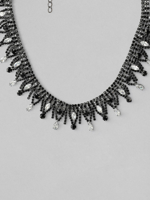 

Rubans Black Handcrafted White Stone Statement Necklace
