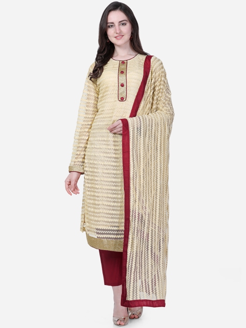 

DIVASTRI Cream-Coloured & Maroon Net Unstitched Dress Material