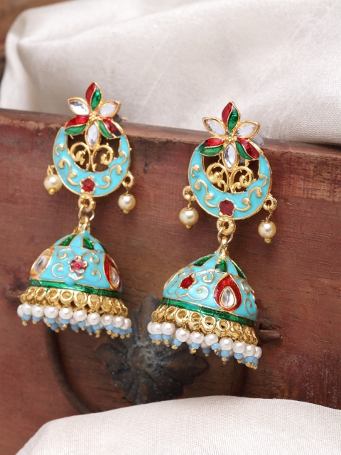 Infuzze Turquoise Blue & Gold-Toned Dome Shaped Jhumkas