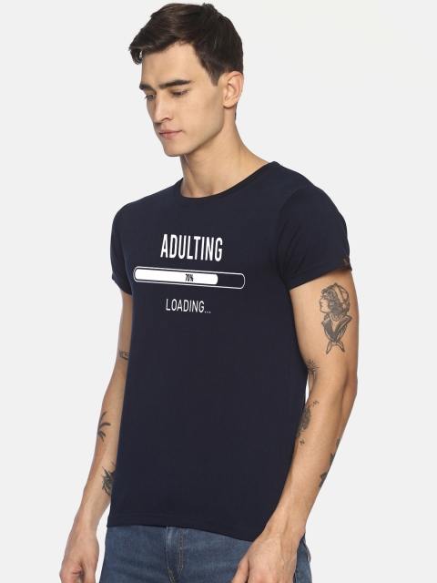

Le Bison Men Navy Blue Printed Round Neck T-shirt