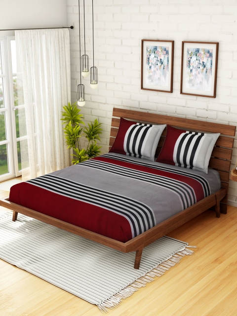 

WELHOME Grey & Red Striped 160 TC Microfibre 1 Queen Bedsheet with 2 Pillow Covers
