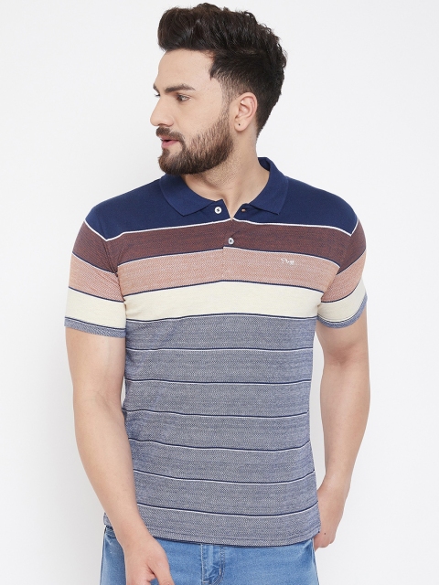 

Plagg Men Brown & Navy Blue Striped Polo Collar T-shirt
