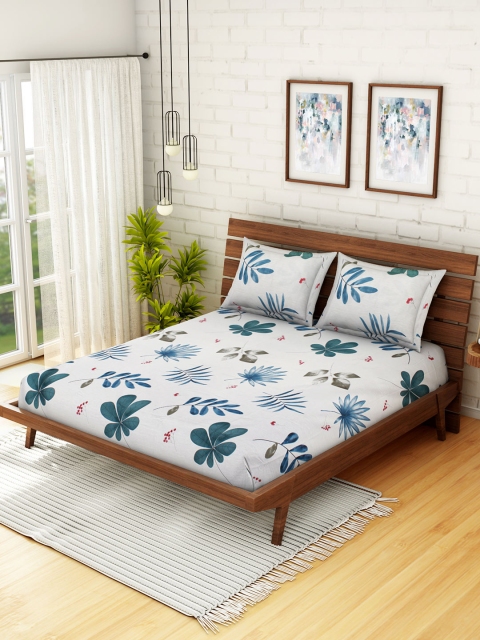 

WELHOME White & Blue Floral 200 TC Microfiber 1 Queen Bedsheet with 2 Pillow Covers