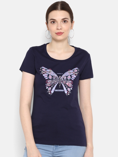 

KVL Women Navy Blue Printed Round Neck T-shirt