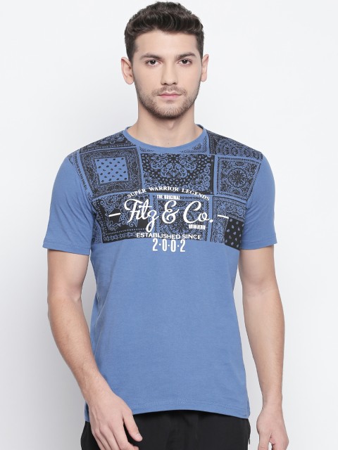 

FiTZ Men Blue Printed Round Neck T-shirt