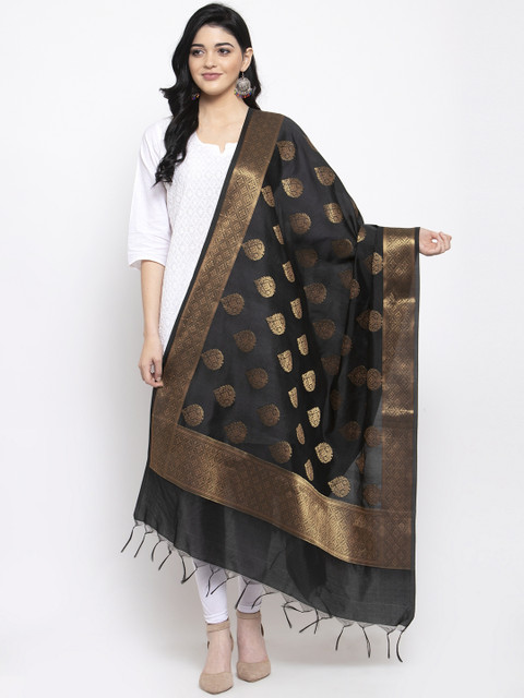 

Clora Creation Black & Gold-Coloured Woven Design Banarsi Silk Dupatta