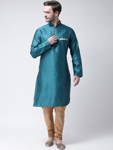 

SG LEMAN Men Turquoise Blue & Gold-Coloured Self Design Kurta with Churidar