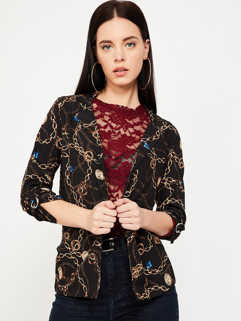 

Ginger by Lifestyle Women Black Printed Open Front Casual Blazer