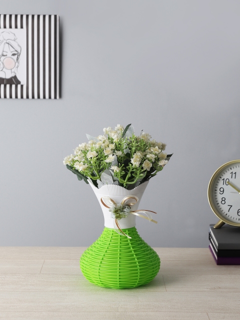 

FOLIYAJ Unisex Green & Off-White Artificial Small White Flower Bunch with Green Vase