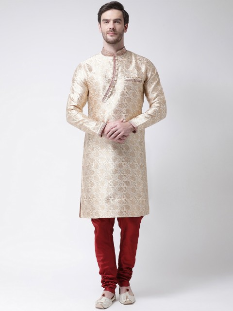 

SG LEMAN Men Cream-Coloured & Red Self Design Kurta with Pyjamas
