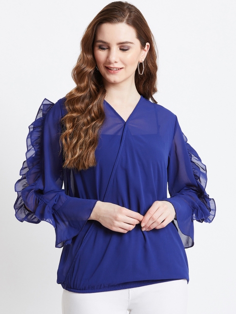 

AkaAyu Women Blue Solid Blouson Top