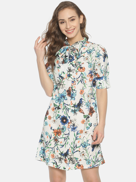

ISU Women Cream-Coloured & Green Floral PrintA-Line Dress