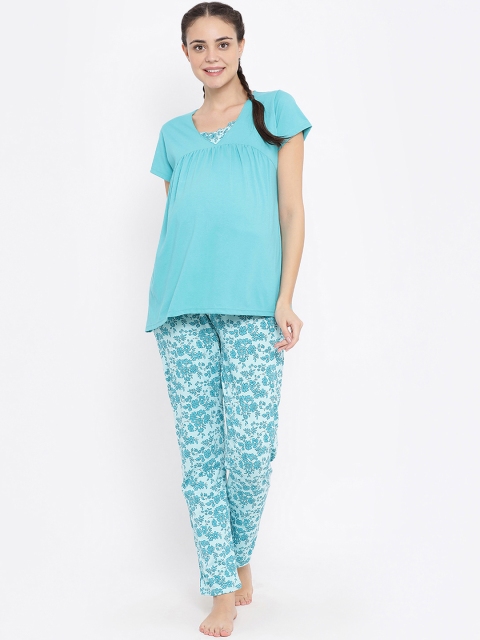 

Kanvin Women Turquoise Blue Solid Maternity Night Suit
