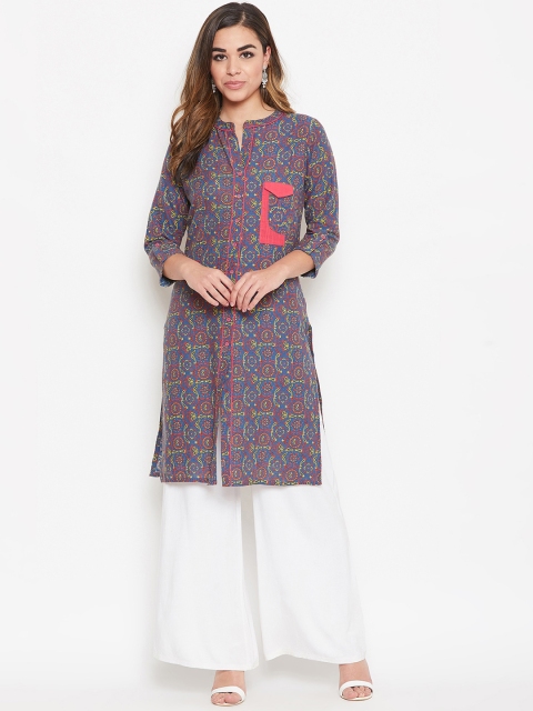 

rangeelo rajasthan Women Blue & Pink Printed Straight Kurta