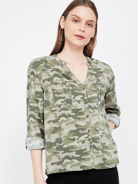 

Fame Forever by Lifestyle Women Olive Green Regular Fit Camouflage Printed Casual Shirt