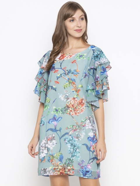 

Iti Women Green & Blue Printed A-Line Dress